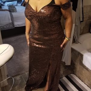 Off Shoulder Brown Sequin Evening Gown 18 NEW!